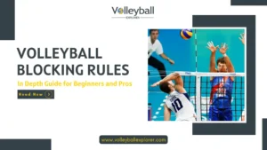 Volleyball hitter hitting ball while blocker is blocking it following volleyball blocking rules