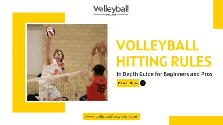 A volleyball player hitting volleyball, while text is written as Volleyball hitting rules